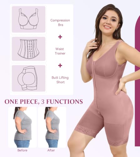 Image of M MYODRESS Fajas Colombianas Plus Size Postpartum Full Body Shaper with bra | 52%Nylon 48%Spandex, 3 row hook Adjustable Compression, breast support and butt lifter, for postpartum post surgery daily