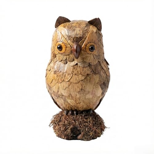 “Sovereign of The Bamboo Grove” Owl Statue – A Masterwork in Bamboo Shoot Shell &amp; Woven Bamboo for Mantel &amp; Library, on Natural Root Base, 11.8″H