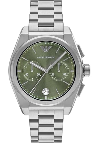 Image of Emporio Armani Watch for Men, Quartz 2 sub dial Chronograph Movement and 43mm Case Size with Stainless Steel Strap, Forest Green, 43MM, Bracelet