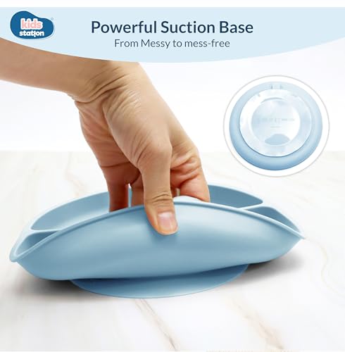Image of Kids Station 3 Piece BPA-Free Silicone Baby Feeding Set - Baby Plate - Spoon and Bowl - Make Mealtime Fun - Microwave Safe - Unbreakable Eco-Friendly - Organic & Natural (Blue)