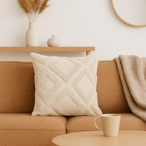 Image of Premium Cotton Cushion Cover, 20 Inch x 20 Inch, Circular Knit Neutral Textured, Square Accent, Cushion Cover Set of 1 for Living Room, Sofa (Diamond-10)