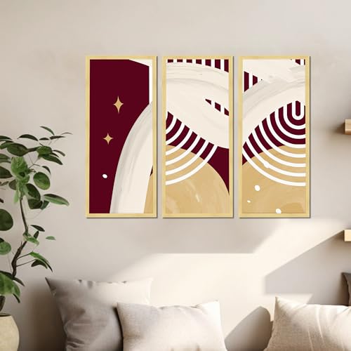 Image of PAINTINGMANTRA Abstract Modern Framed Wall Art Set of 3 | Geometric & Celestial Boho Wall Decor | Engineered Wood Frame Art for Living Room, Bedroom & Office, 8.9x18.9 Inch