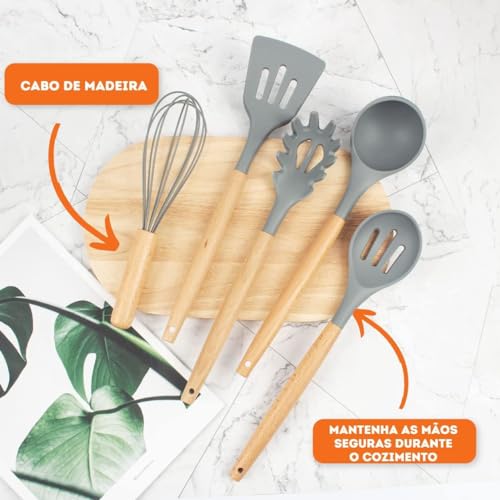 Kit de Utensílios de Cozinha em Silicone com Cabo de Madeira 19 Peças - Qualidade Premium para uma C