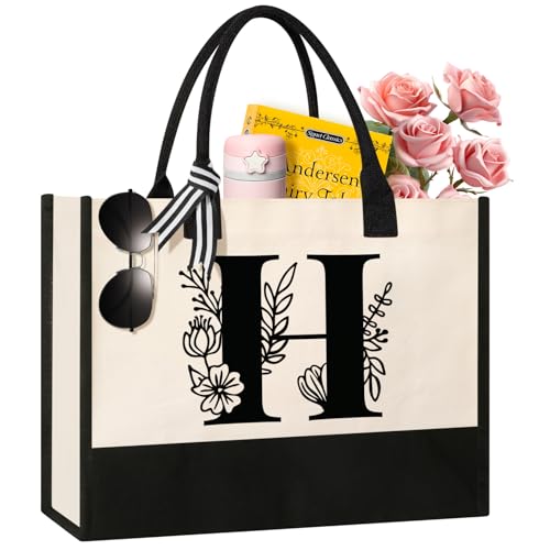 Image of Tecanne Personalized Initial Canvas Tote Bag, Suitable for Birthday, Wedding, Beach, Holiday, Gifts for Women, Mom, Teachers, Nurses, Best Friends, Bridesmaids (H)