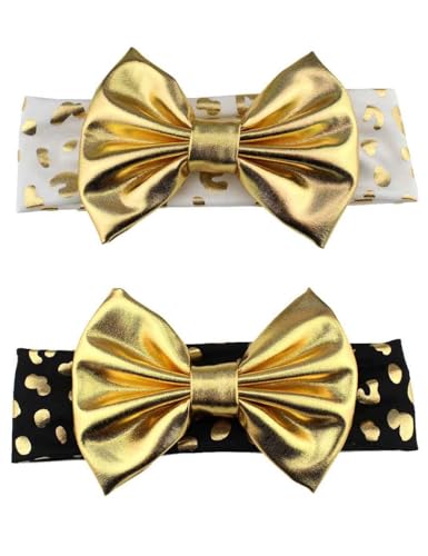 Baby Girl Leopard Headband 5'' Glitter Big Bow Headbands Toddler Infant Elastic Sequin Bowknot Headband Metallic Bronzing Gilding Gold Hairband Turban Headwrap ZHB44 (Shiny Style, One Size)