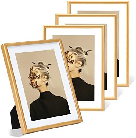 Fkvat 4x6 Picture Frame Set of 4, Matted Gold Simple Modern Thin Aluminum Metal Photo Frame Fits 3x5 with Mat or 4x6 without Mat Photo. Display for Tabletop or Wall Collage. (Horizontal & Vertical). with White and Black Mats.