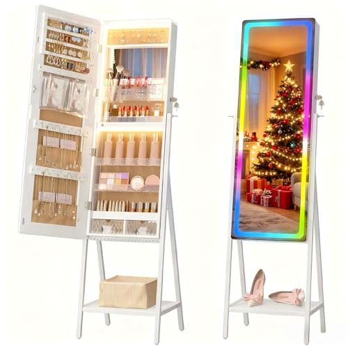 LVSOMT LED Mirror Jewelry Cabinet, Lockable Jewelry Armoire Cabinet Standing, Large Full-Length...