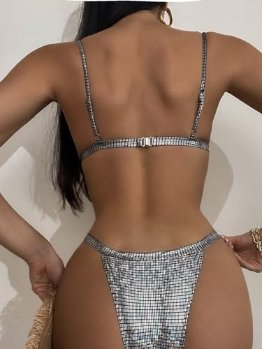 YAUASOPA Women Shiny Bikini Micro Sexy String Two Pieces Swimsuit Female Thong Swimwear