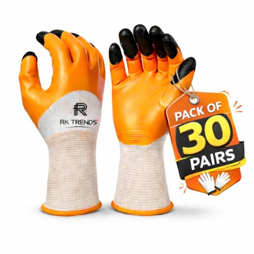 Image of Ripstop Work Gloves with Reinforced Fingertips, Heavy Duty (Pack of 30 Pairs, Orange (Double Coated))