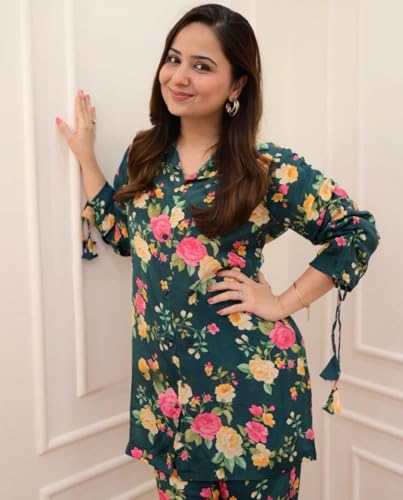 Image of DHRUVI TRENDZ Co Ord Set for Women Stylish | Ethnic Kurta Sets for Woman | Traditional Short Kurti for Women | Daily Comfortable Outfit for Office & Ethnic Set | 3 /4 Sleeve Kurti with Pant