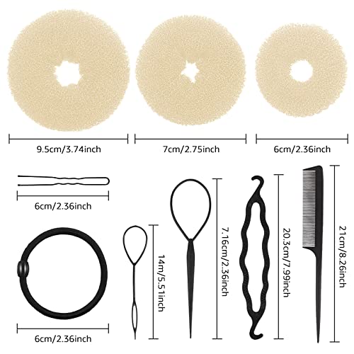 Conjunto de 6 peças para coque de cabelo - rosquinha estilo anel (1 L, 2 M e 3 S) com alfinetes, 5 f