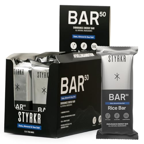 Energy Bars by Styrkr - Pack of 12 Rice Bars for Cycling & Running - Date, Almond & Dark Chocolate - Approved by Endurance Athletes - 50g of Carbs via Advanced Dual-Carb Formulation - BAR50-12x