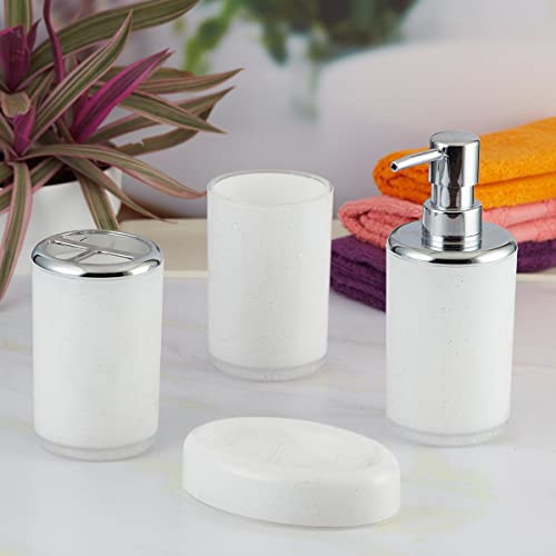 Image of Kookee Acrylic Bathroom Set - Stylish 4 Piece Bath Accessories Kit with Soap Dispenser, Toothbrush Holder, Tumbler & Soap Dish - Modern & Designer Decor for Home & Guest Bathrooms (10050)