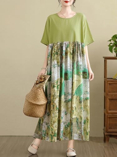 Image of Women's Oversized Dress Plus Size Summer Dress Artsy Print Pathwork | Loose, Oversized Cut Baggy Dresses. O Neck with Pockets. Breathable Viscose Fabric for Summer. Colorful Print Patchwork