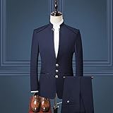 Escena aplicable: Negocios. SLATIOM (Chaqueta + chaleco + pantalón) hombre traje chino estilo soporte collar traje masculino boda novio slim talla blazer conjunto (Color : Blue, Size : 4XL 81-85kg)