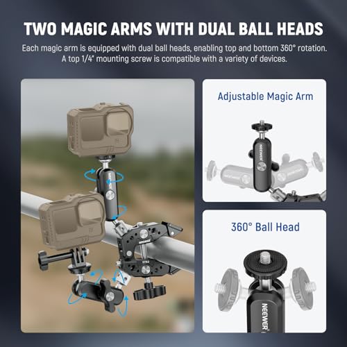 Image of NEEWER Heavy Duty Super Clamp with Two 360 Dual Ball Head Magic Arms, 1 /4 inch 3 /8 inch Screw Threads, Phone & Action Camera Mount Adapter for Flat /Round Surface Compatible with GoPro DJI Insta360 DSLR