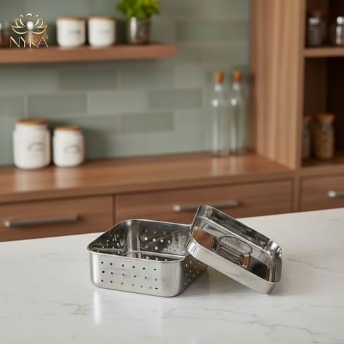 Image of Nyra Stainless Steel Paneer Mould 400ml (Medium) | Paneer Maker with Perforated Press Lid | Makes Fresh Homemade Paneer | 12x12cm Cottage Cheese Mould for Kitchen