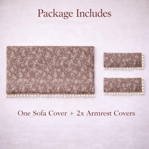 Image of STITCHNEST Woven Fabric Sofa Cover 2 Seater with 2 Hand Rest Covers - Washable Brown Sofa Cover with Tassels - Durable Premium Fabric - Stylish Sofa Protector for Living Room & Furniture Decor