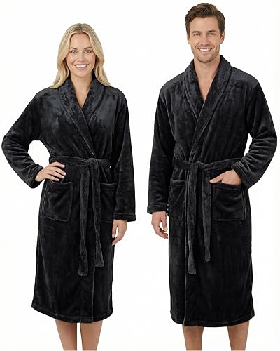 Gräfenstayn® Damen & Herren Kuschelfleece Bademantel ohne Kapuze mit Öko-Tex Standard 100 in Größe S-XXXL (XXXL, Schwarz)