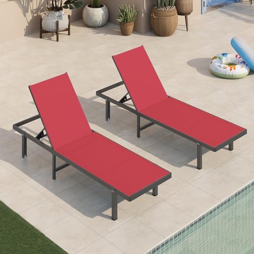 Oasbira Pool Lounge Chairs Set of 2, Aluminum Outdoor Lounge Chair with Wheels and 5-Position Recliner, Chaise Lounge Chair Outdoor for Poolside, Deck, Beach (Red)