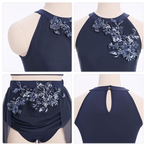 Women Lyrical Dance Costume Halter Flower Crop Top High-Low Skirt with Briefs Adult Contemporary Dance Outfits Red Blue Black Acrobat Competitive Salsa Jazz Leotard Dress Navy X-Large
