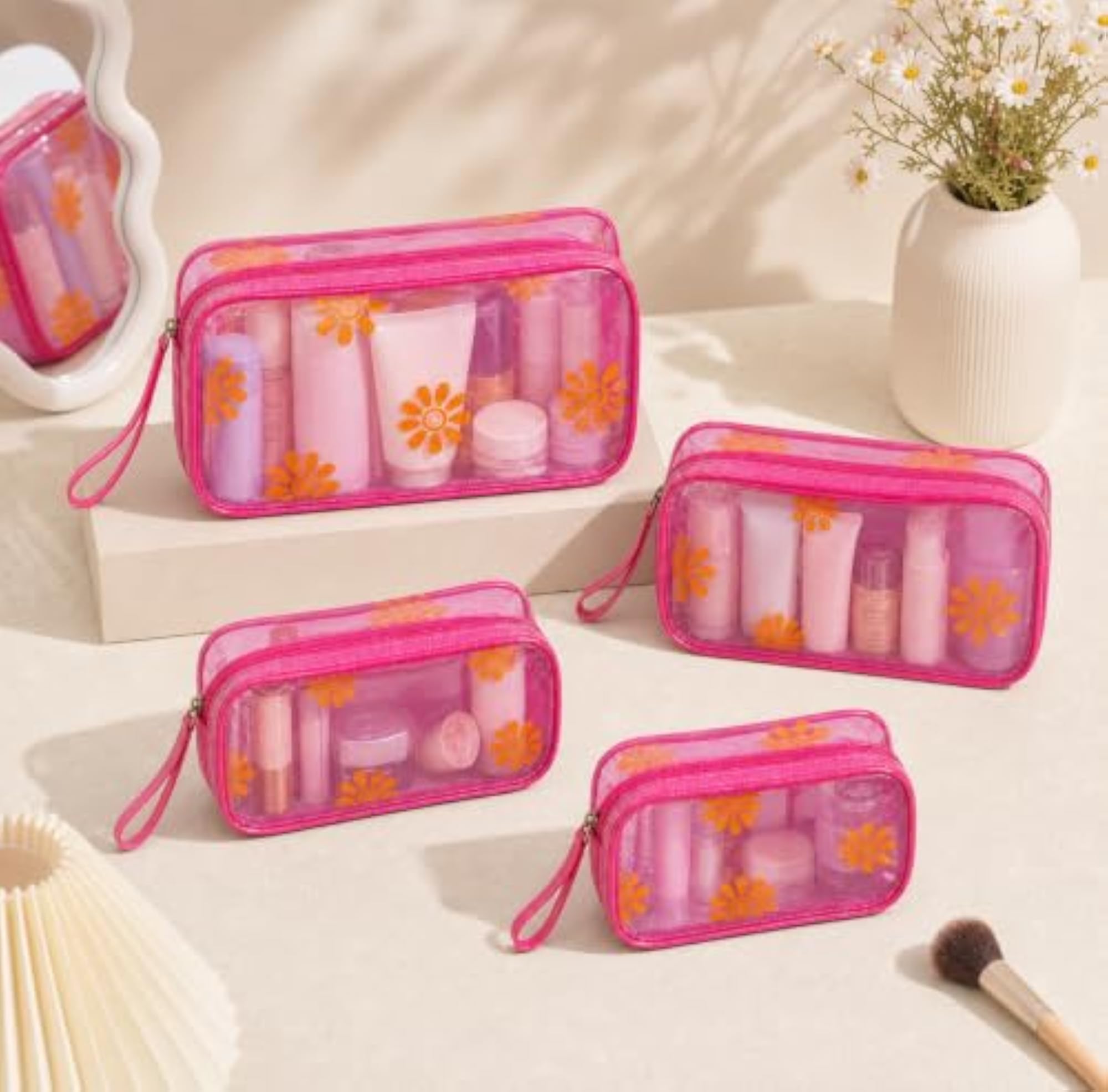 Clear PVC Makeup Vanity Bag Set of 4 with Floral Print