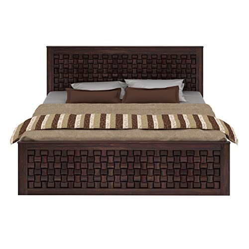 Image of WOODLAB Furniture Sheesham Wood Queen Size Bed Without Storage and with Headboard | Wooden Double Size Bed Cot Palang for Bedroom Living Room Wooden Double Cot Palang Bed (Walnut Finish)
