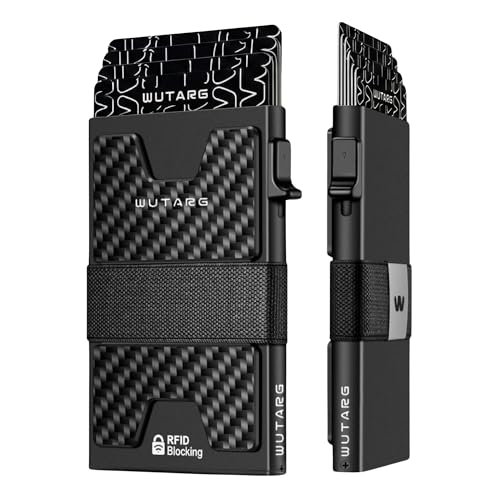 Tarjetero Hombre RFID   cartera minimalista metálica NFC con botón lateral, portatarjetas slim aluminio 6061, banda elástica para billetes, bloqueo antirrobo   6 ranuras, 12 tarjetas (Carbon Black)