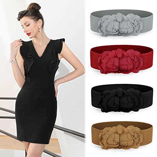 uxcell Chiffon Flowers Press Stud Button Elastic Textured Band Waist Belt for Ladies4