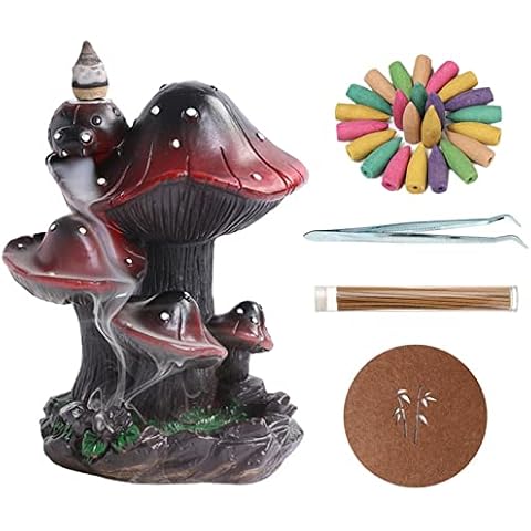 Simcat Backflow Incense Burner Holder Mushroom Handicraft Decor Resin Reverse Flow Incense Burner Censer Cone Incense Waterfall Burner + 20 Backflow Incense Cones 30 Incense Sticks 1 Tweezer 1 Mat Cover