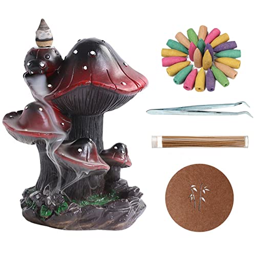Simcat Backflow Incense Burner Holder Mushroom Handicraft Decor Resin Reverse Flow Incense Burner Censer Cone Incense Waterfall Burner + 20 Backflow Incense Cones 30 Incense Sticks 1 Tweezer 1 Mat