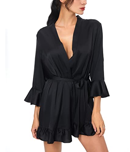 Toikeeoi Women's Kimono Robe Short Satin Pure Short Silky Robes Sexy V Neck Sleepwear (Black, One Size) #TOP22