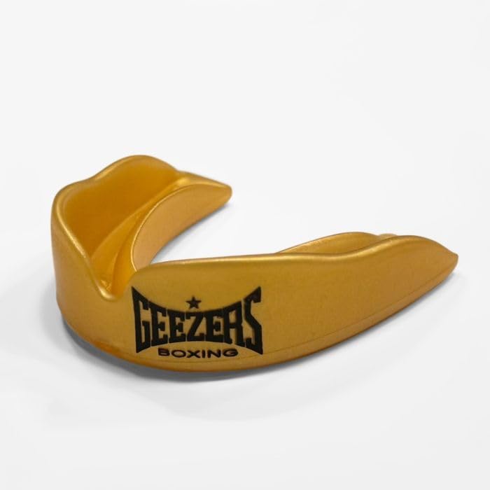 Geezers BB1 Mouthguard (Pack of 10) โ Boil-and-Bite Design, Junior & Senior Sizes with Case, for Boxing, MMA, Rugby, Martial Arts, Judo, Karate, Hockey and All Contact Sports (Gold, JNR)