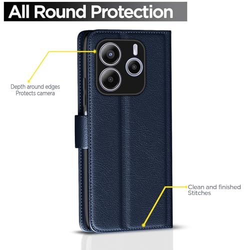 Image of Amazon Basics Flip Cover for Redmi Note 14 5G Leather Finish | Wallet Stand and Shock Proof | Inside TPU with Card Pockets | Complete Protection Flip Case (Blue)