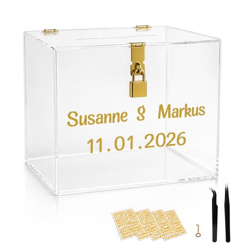 StarK Kartenbox Hochzeit Elegante Acrylbox mit Schloss | Personalisierbar mit goldenen Buchstabenstickern inkl. Pinzette | Für Karten & Geldgeschenke Geschenkbox Hochzeit