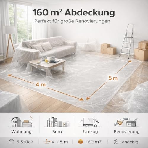 6x Abdeckfolie Maler - extra stark & dick - Malerfolie transparent 4x5 Meter - Malerplane/Abdeckplane - Baufolie optimal für Umzug & Renovierung