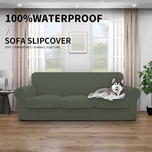 Image of Easy-Going Waterproof 4 Pieces Couch Cover for 3 Cushion Grayish Green | 100% Dual Waterproof Sofa Slipcover for 3 Separate Cushion Couch Leakproof Furniture Protector for Kids, Pets