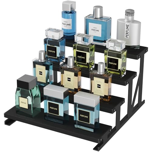 Lifewit 4 Tier Cologne Organizer for Men, 9.8inch Wooden Perfume Stand, Display Riser Shelf for Fragrance, Aftershave, Skincare Makeup for Vanity, Bedroom, Bathroom Countertop Storage, Black, 1 Pcs