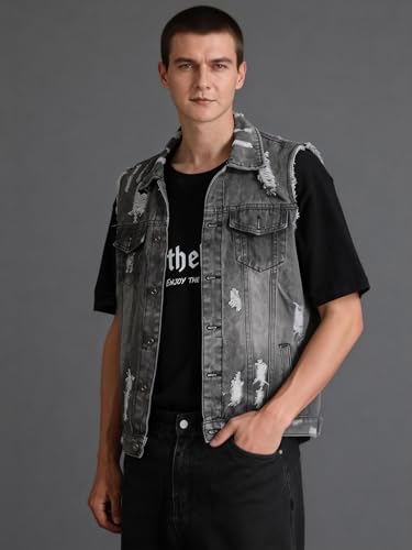Image of Men's Sleeveless Ripped Denim Vest Casual Slim Fit Button Down Jeans Vests Jacket