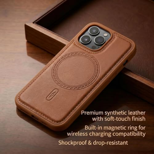 Image of amazon basics Premium PU Leather Case for iPhone 13 Pro, MagSafe Compatible Magnetic Ring, Sleek Protective Back Cover - [Tan]