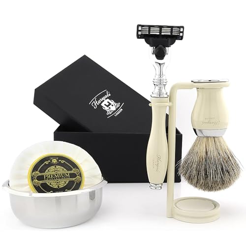 Haryali London 5 Pc Mens Shaving Kit 5 Edge Safety Razor With Black Badger Hair Shaving Brush, Stand, Soap and Bowl Perfect Set For Men