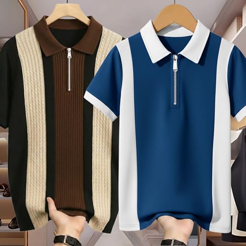 Image of AUSK Men's Textured Vertical Striped Knit Polo T-Shirt | Half Sleeve Zipper Neck Self-Design Casual Tee | Mens Tshirts