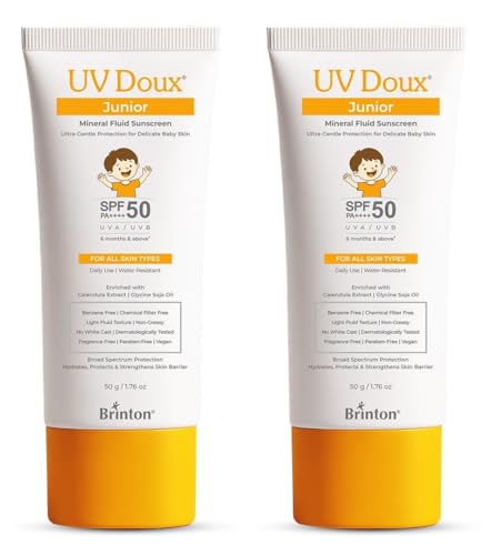 Image of Brinton UV Doux Junior Mineral Fluid Sunscreen SPF 50 for Babies & Kids | 100% Mineral Zinc Oxide | Chemical Filter Free | Fragrance Free | No White Cast | DermatologicallyTested | 50 g x 2