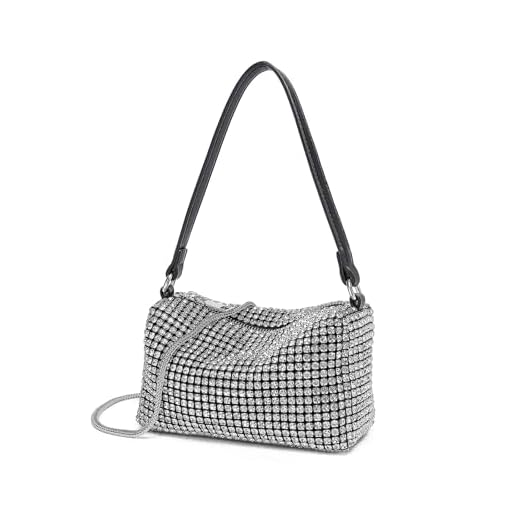 Miss Lulu Pochette Donna Argento Strass Clutch Cerimonia Borsetta da Sera Elegante Borsa per Matrimonio Party Sposa Due Cinghie Spalline Singole
