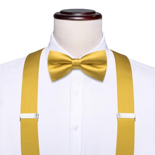Image of Hi-Tie Men Suspender Bowtie Set Suspenders Pre-tied Bow Tie Pocket Square Cufflinks Adjustable Y Shape 6 Clips Braces Tuxedo