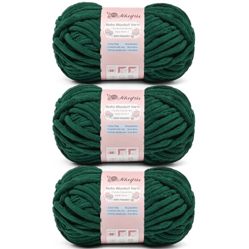 Image of 10.58 oz /147.6 yds Chunky Chenille Yarn for Crocheting, #7 Super Bulky Baby Blanket Yarn for Crocheting Soft, Fluffy Velvet Yarn for Knitting, Amigurumi Crochet Yarn for Crafts (3 Dark Green)