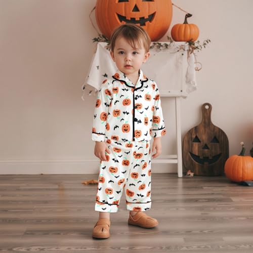 fyclemt Halloween Pajamas Baby Boy Girl Silk Pajamas Floral Pumpkin Ghost Long Sleeve Button Up Shirt Top Pants Pjs Sleepwear3