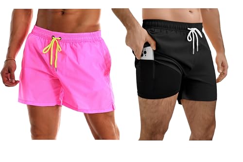 YnimioAOX Mens Swim Trunks with Mesh Lining and Men’s Swim Trunks 5 Inch with Compression Liner, Pink/Black, Medium