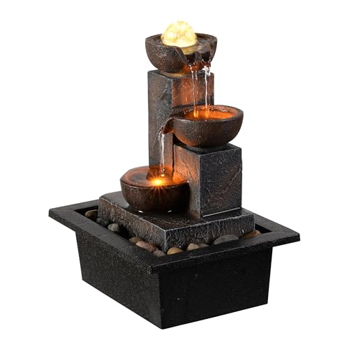 Tolevoit Three Bowls with Rotating Ball Flowing Tabletop Fountain Home Décor Indoor/Outdoor Decor Waterfall Sound Zen Mini Fountain Warm Led Light Pebbles Stone(23114)
