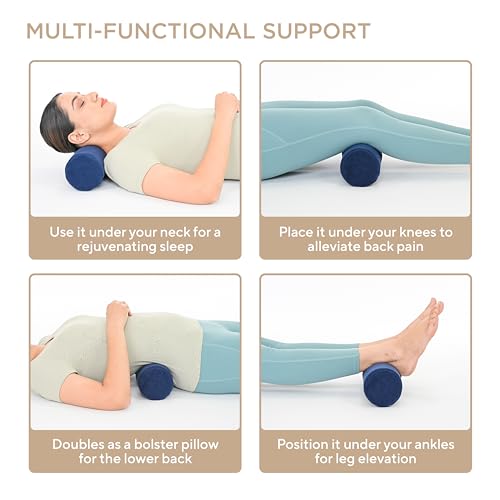 Image of FOVERA Cervical Neck Roll Pillow for Neck Pain Relief - Memory Foam Neck Pillow for Bed | Round Neck Pillows for Sleeping | Bolster Pillow for Bed, Legs and Back (Navy Blue)